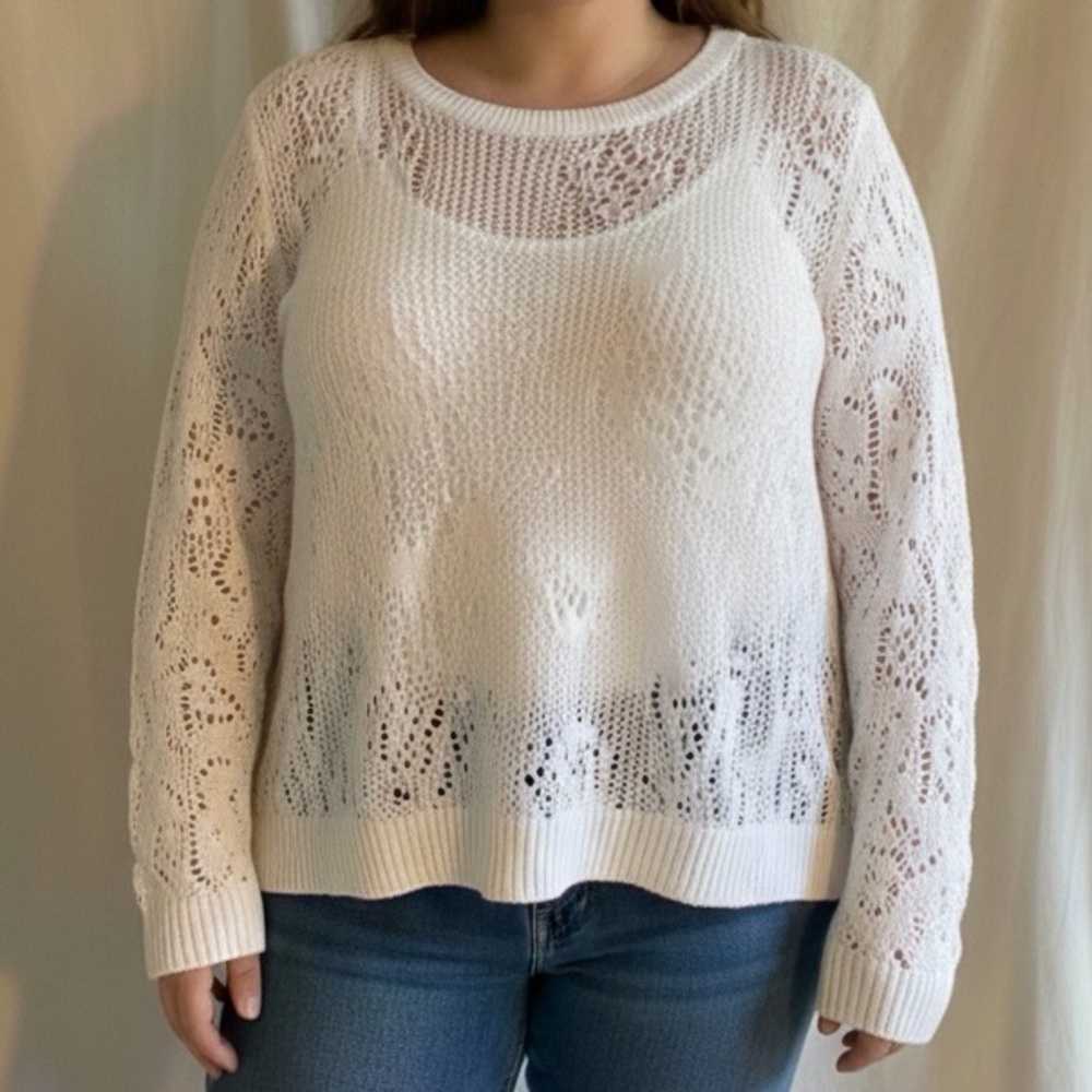 Studio Works White Cotton Open Knit Sweater Top Beach Coverup Sz 2X EUC Relaxed